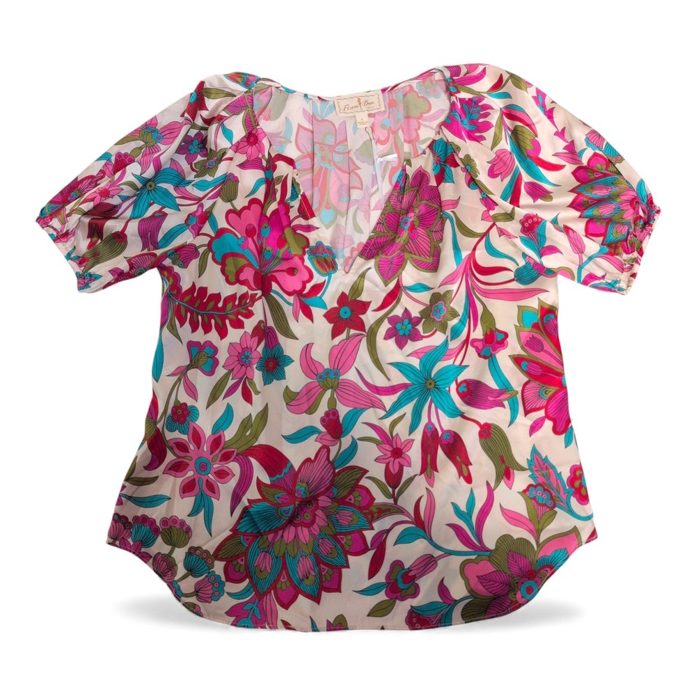 Flora Bea 100% Silk Pink Floral V-Neck Blouse, Size S
